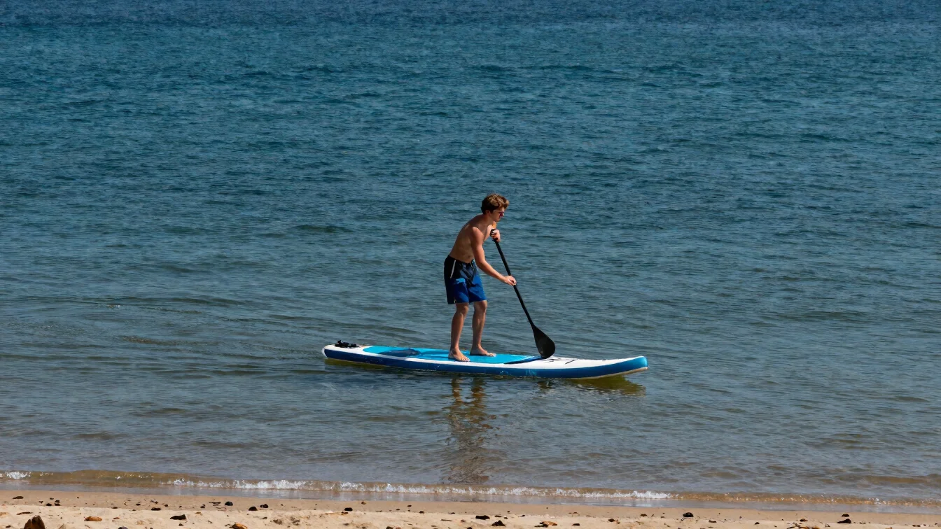 Close editorial photograph of a beginner standing on a stand up p
