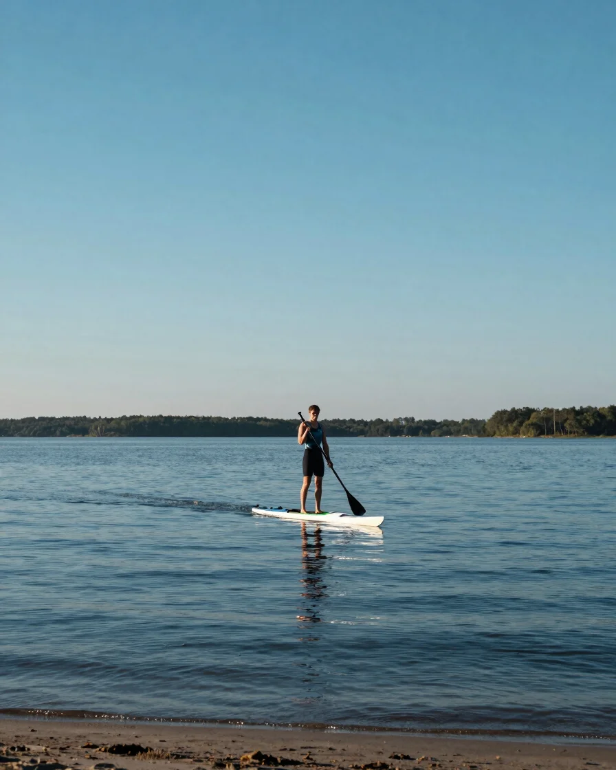 Paddler on a calm inland lake at golden morning light, standing centered on a board with a relaxed posture, wide editori