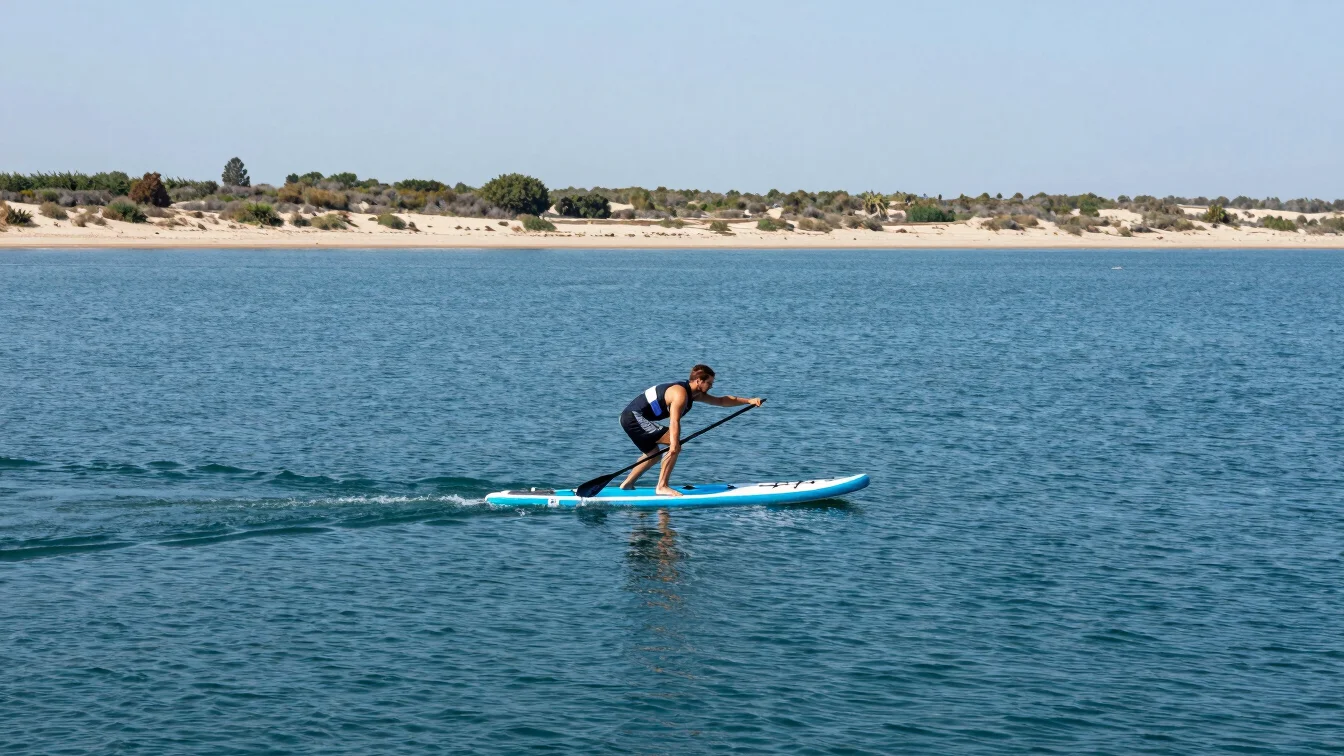 Paddler mid-stroke on a stand up paddleboard, torso rotating over