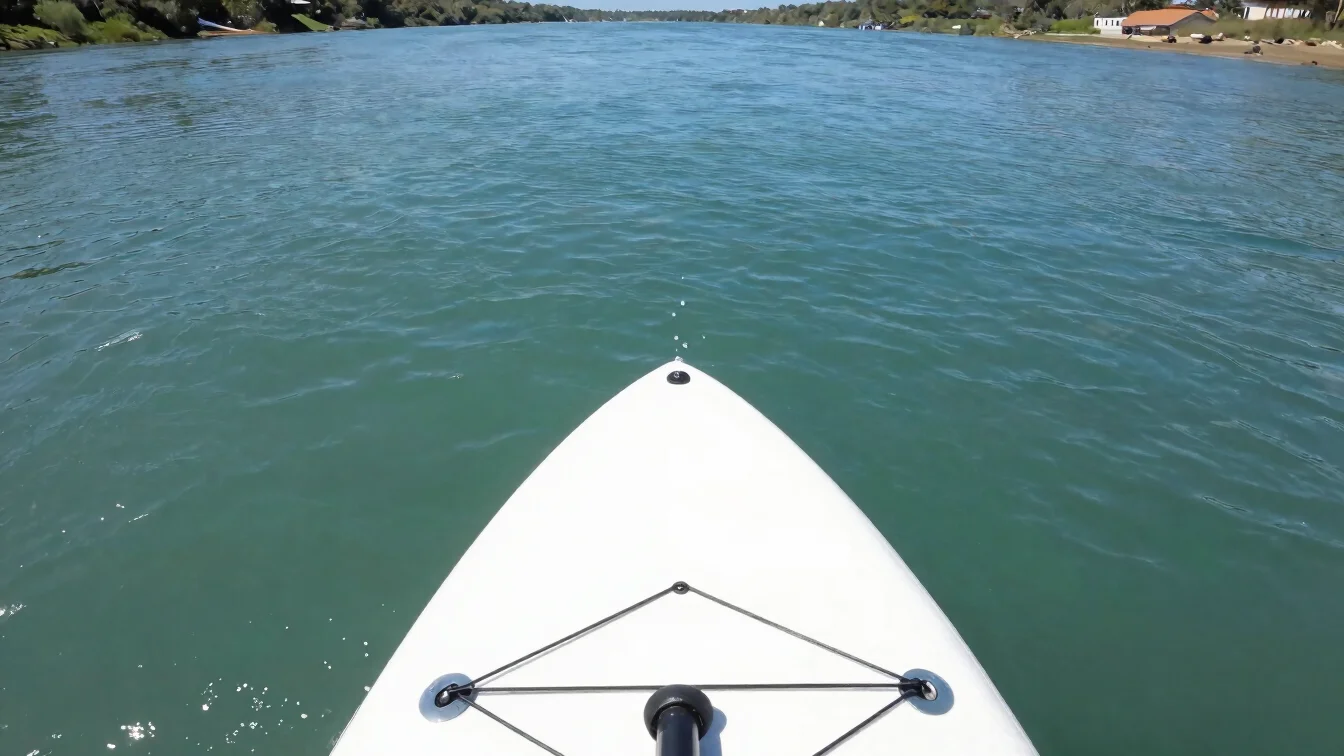 Close-up of a paddle blade exiting the water near the rear of the