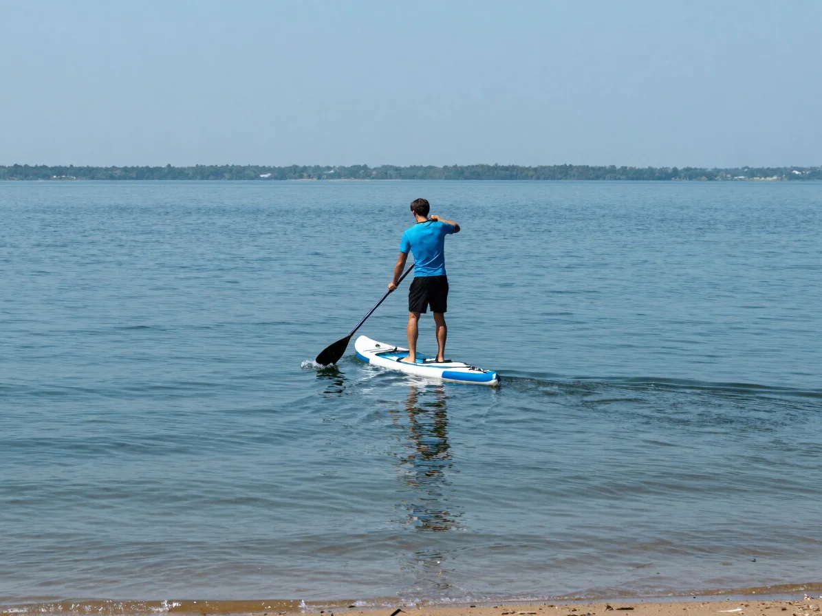 Close-up of a paddler stepping back on the board to pivot, paddle planted in the water beside the tail, clear natural da