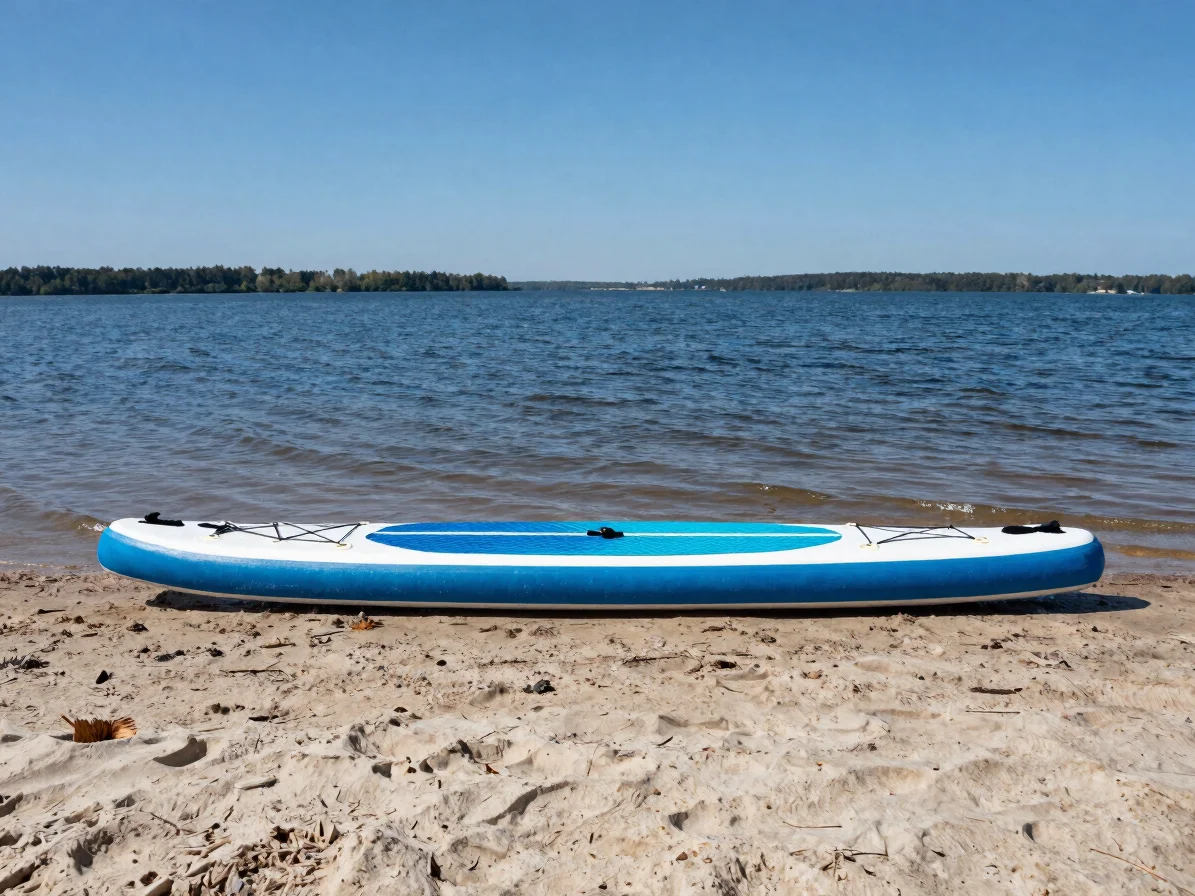 Inflatable stand up paddleboard rolled out on a sandy lakeshore b