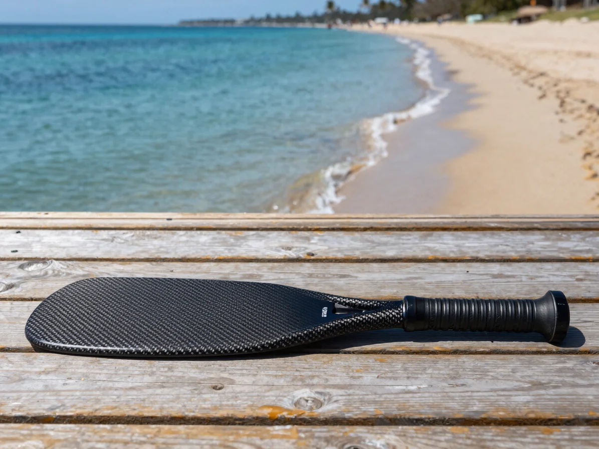 Close detail of a carbon fiber paddle blade and shaft resting on
