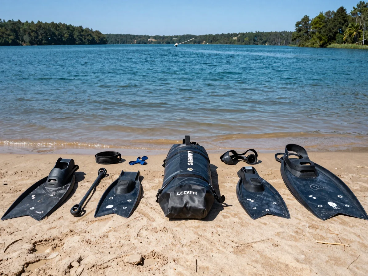 Leash, drybag, and fin accessories laid out neatly on a board dec