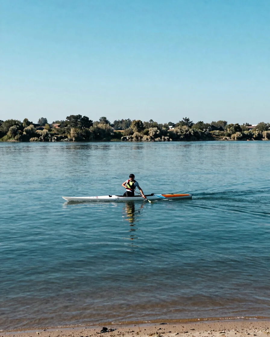 Paddler adjusting a paddle on a calm river at morning, wide-angle