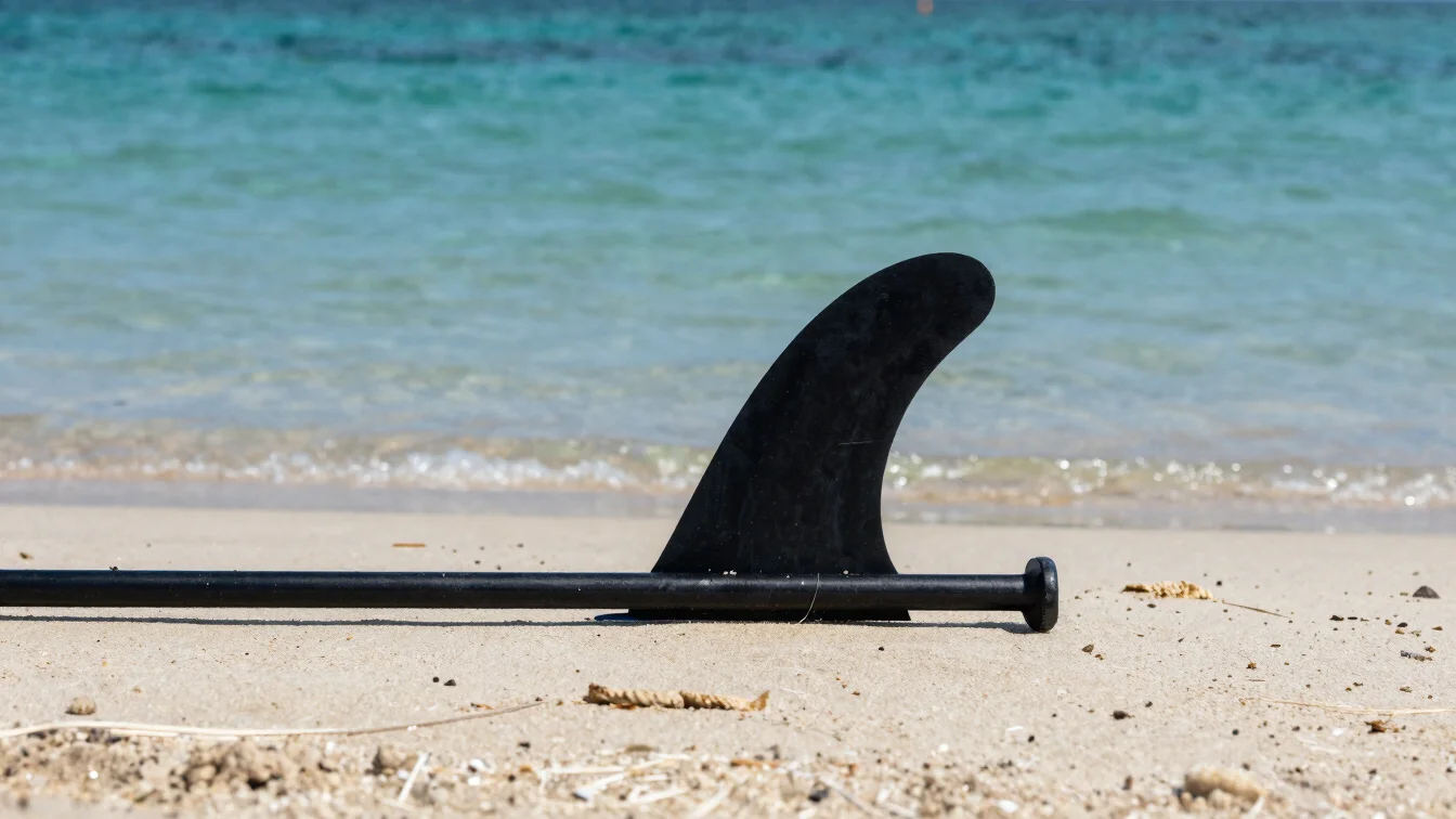 Detail photograph of a stand up paddle board fin and paddle shaft