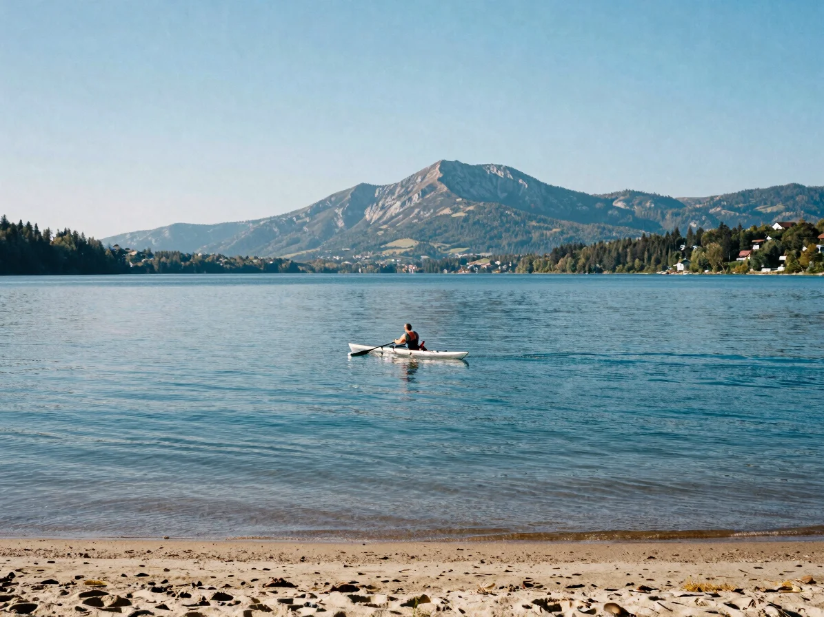 Wide 35mm editorial photograph of a paddler on a calm alpine lake at morning, soft natural daylight, deep blue water and