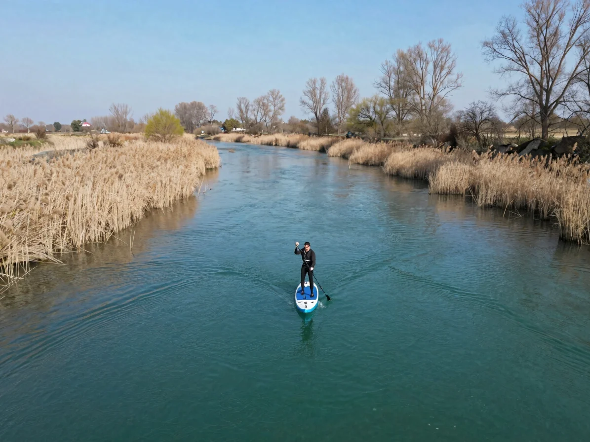 Editorial photograph of a stand up paddler on a gently flowing French river between reed beds and poplar banks, clear na