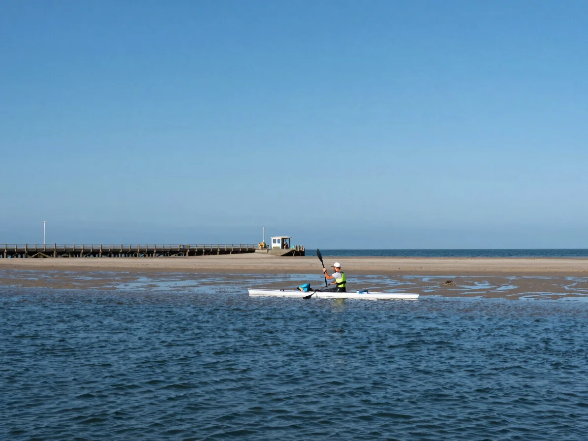 Editorial photograph of a paddler on a sheltered Atlantic bay at low tide, working quay and sand flats in the distance,