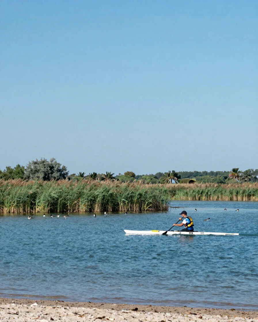 Editorial photograph of a paddler keeping a respectful distance from a reed bed and wading birds on a French lake, clear