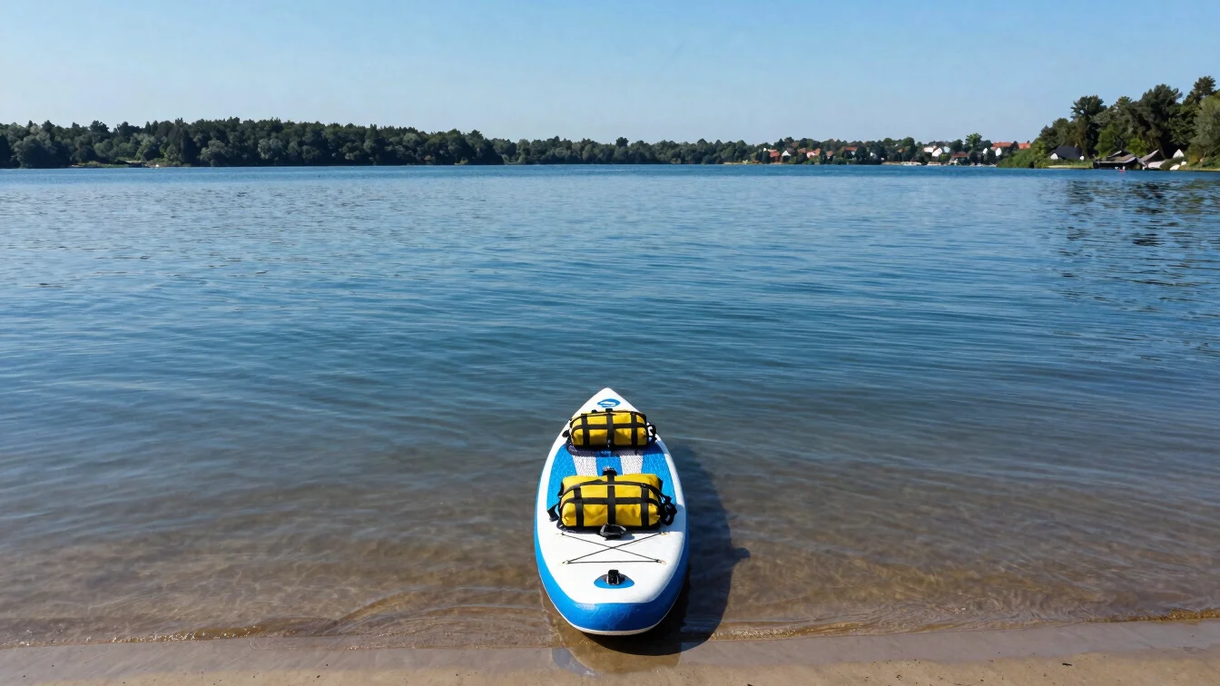 Editorial outdoor photograph of a stand up paddleboard on a calm