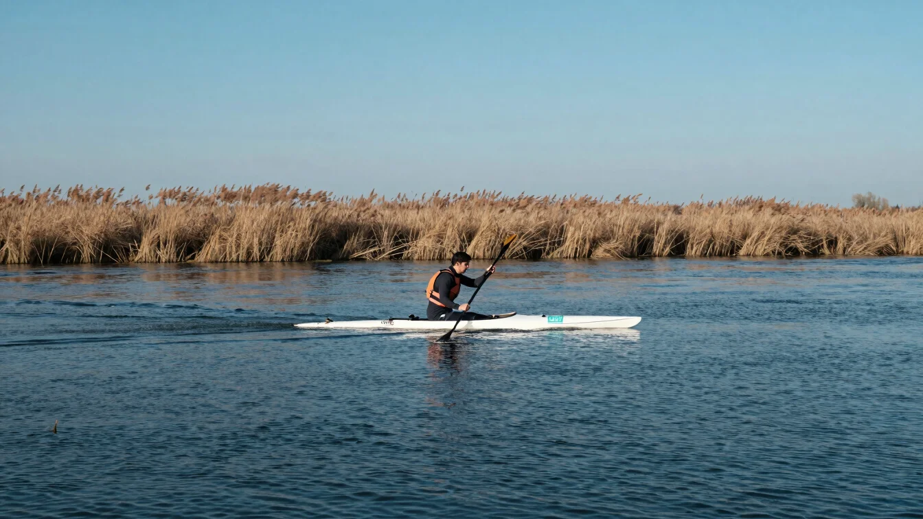 Paddler in a steady rhythm on a wide river at mid-morning, reed b