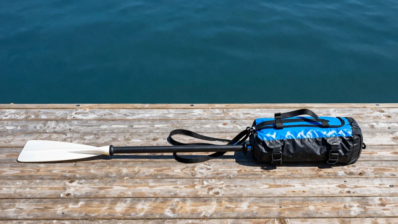 Close detail of a paddle, leash, and waterproof bag on a sunlit w