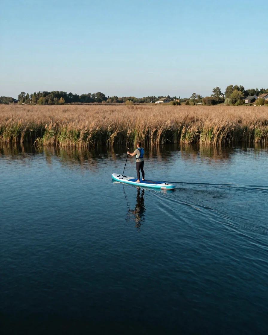 Documentary nature photograph of a stand up paddleboard gliding past a quiet reed bed on a French lake at dawn, clear na