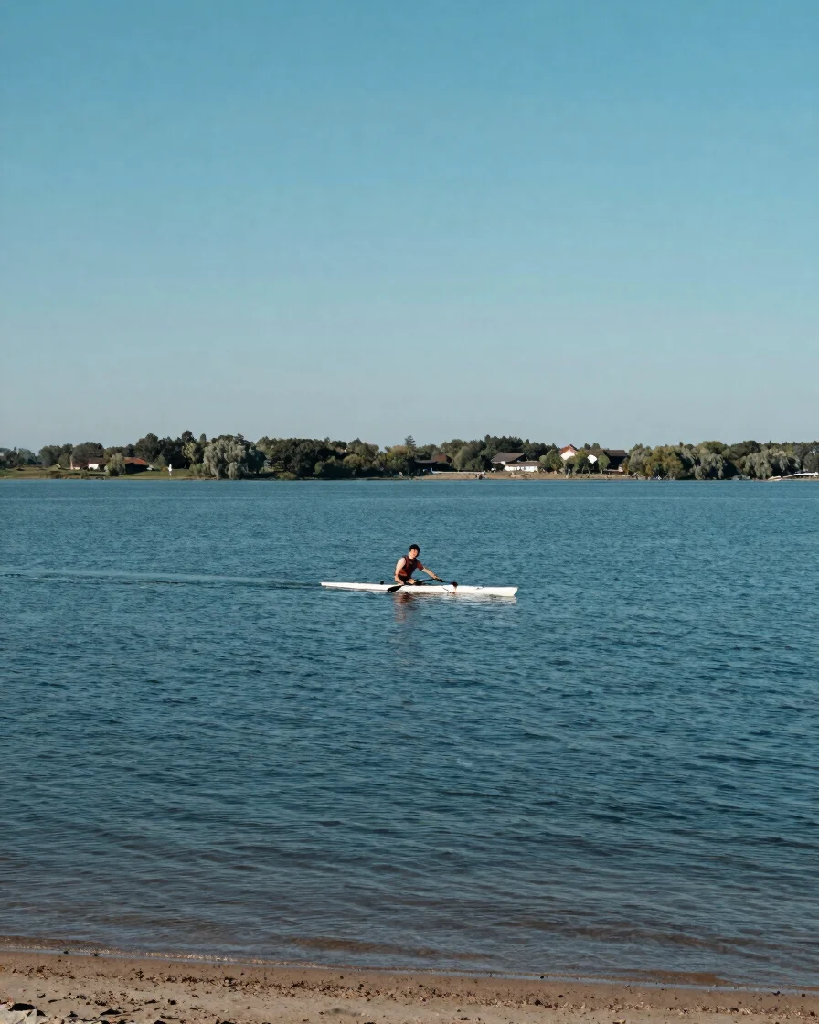 Editorial outdoor photograph of a paddler on a calm French lake a