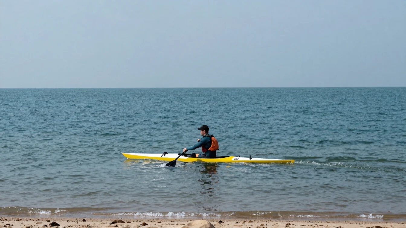 Paddler in a dry-bag-equipped setup scanning a wide lake under ov