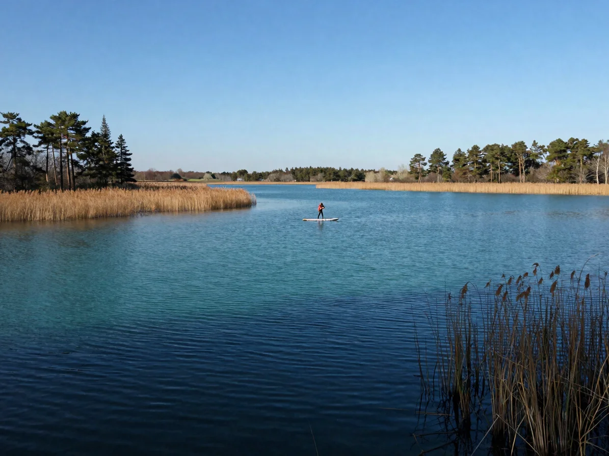 Wide aquatic landscape of a French lake at early morning, a singl