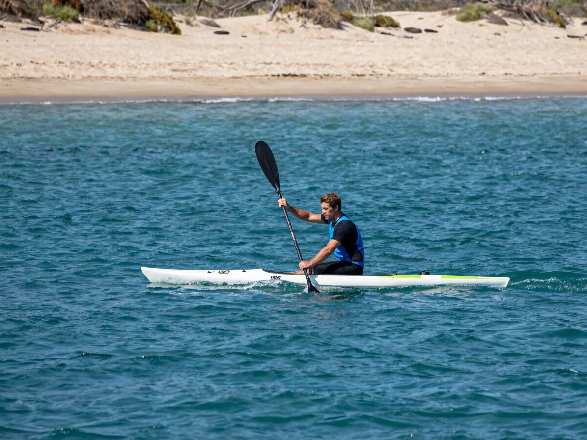 Action photograph of a paddler performing a controlled turn on a