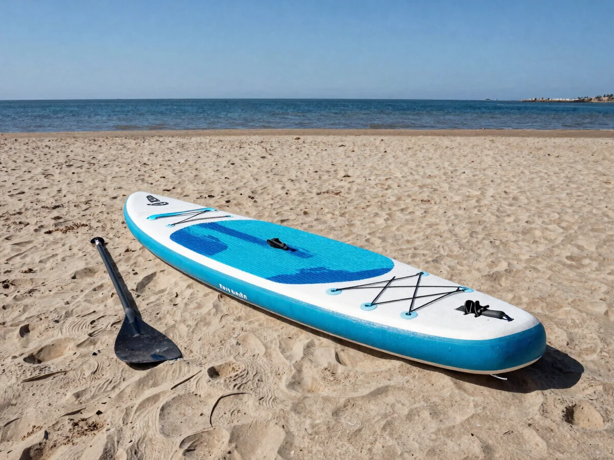 Flat-lay detail of a stand up paddle board being rinsed and dried