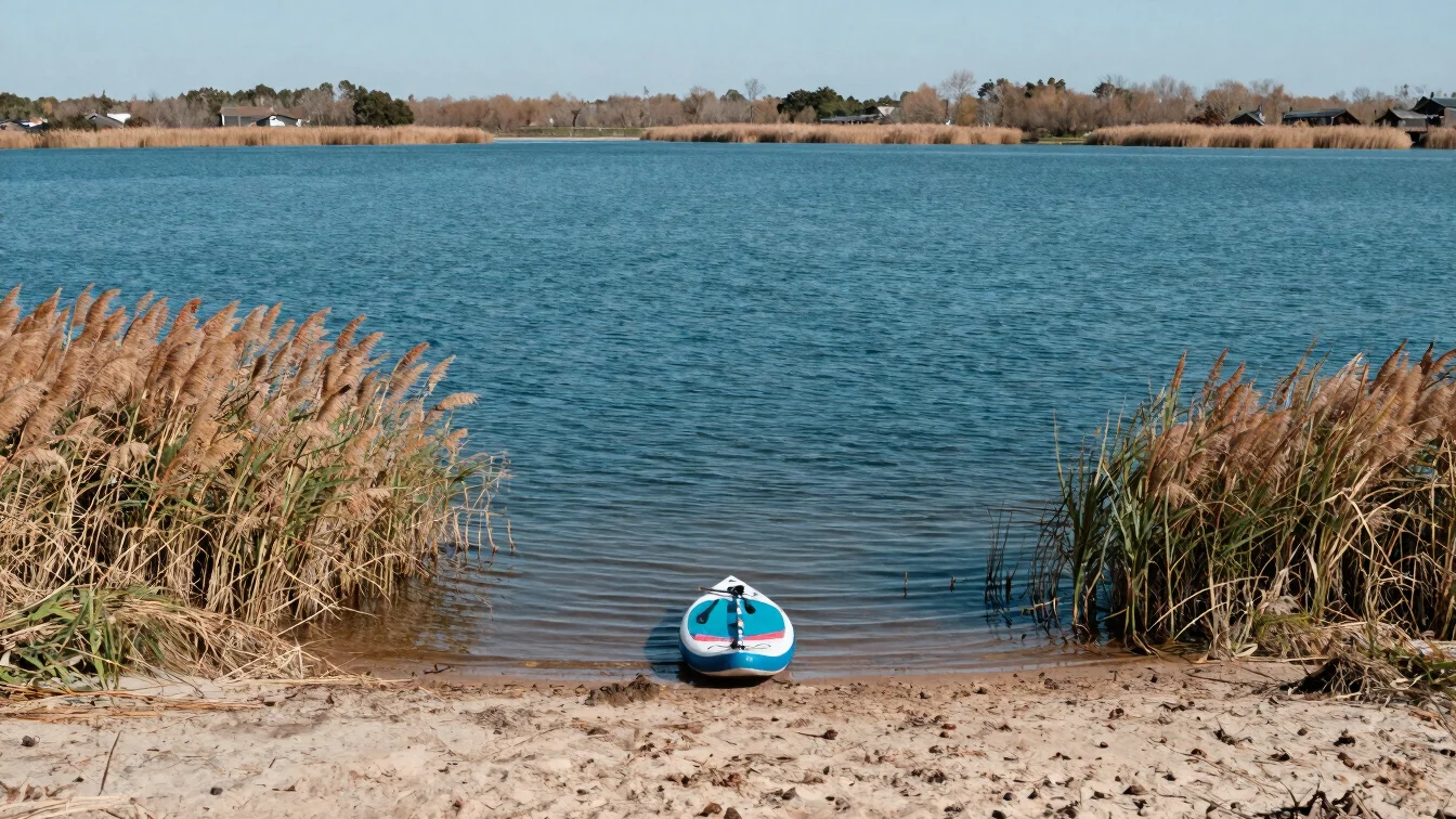 Wide shot of a sheltered inland lake edge with reed beds and stil