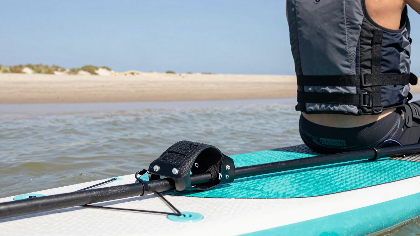 Close detail of a stand up paddle leash attached to a board and a