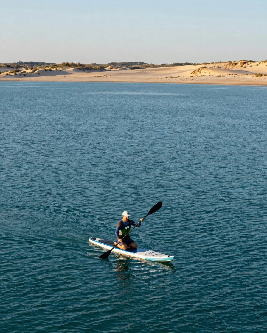 Wide editorial photograph of a paddler on calm turquoise open wat
